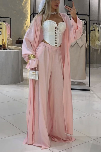 Beach Cottage Open Front Long Pleated Lantern Sleeve Long Cover-up Jacket