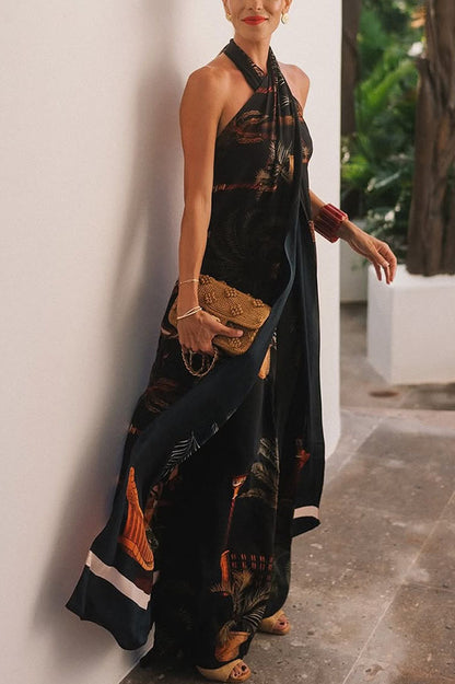 Jungle Elf Unique Print Halter Slit Midi Tank and Elastic Waist Wide Pants Set