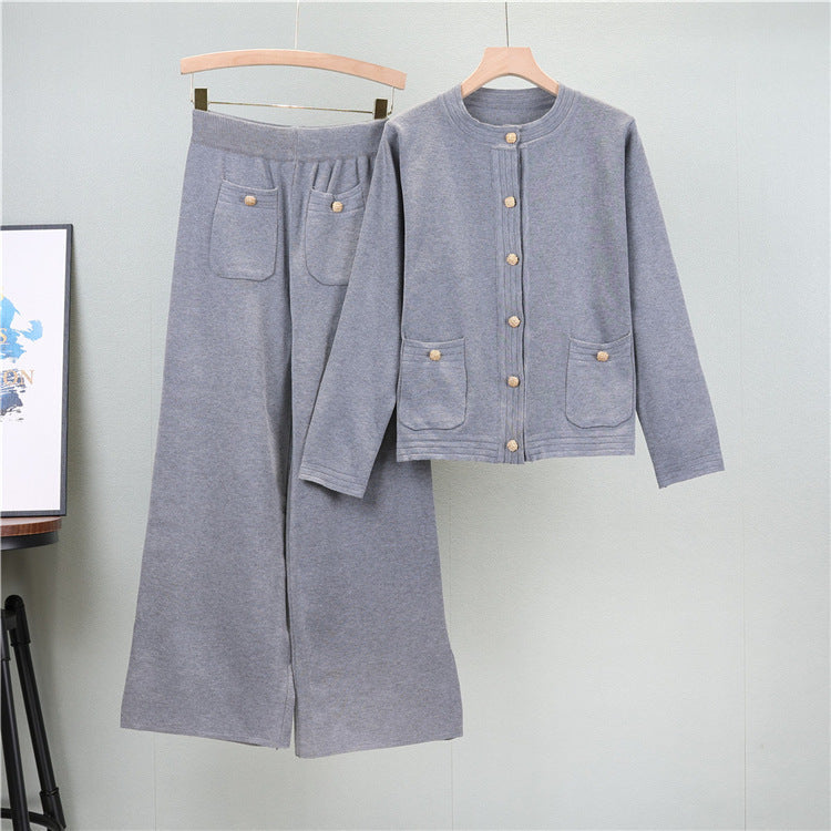 Grey – Cardigan Top & Wide-Leg Pants Two Piece Set