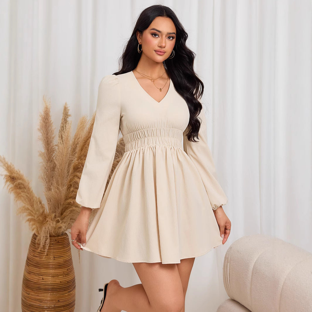 V-Neck Smocked Waist Puff Sleeve Ribbed Fit-and-Flare Mini Dress