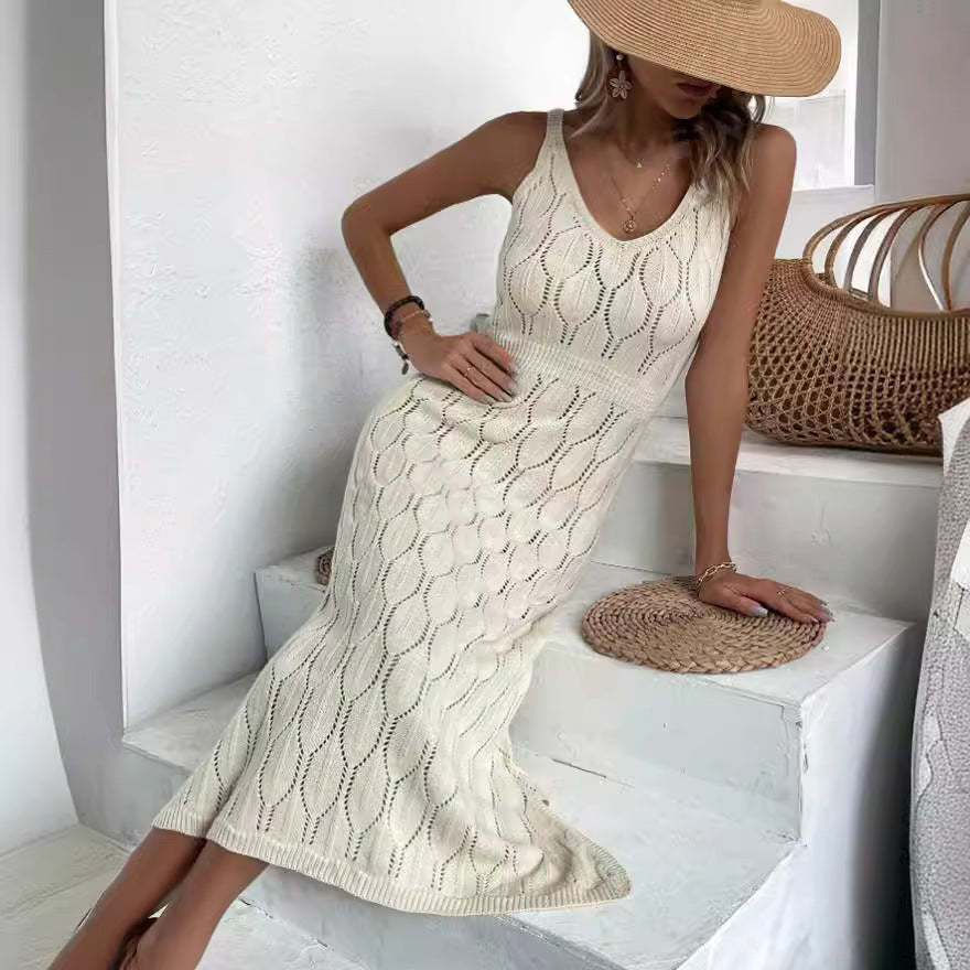 Pointelle Knit Hollow Out V Neck Sleeveless Maxi Dress