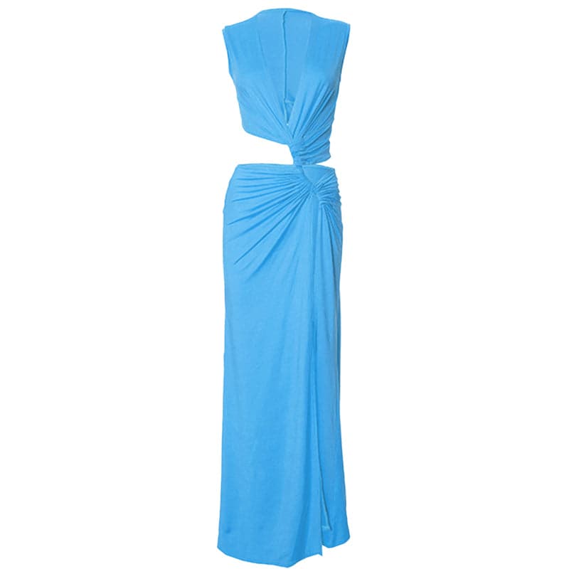 V neck sleeveless high slit ruched maxi dress