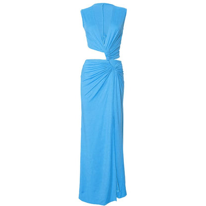 V neck sleeveless high slit ruched maxi dress