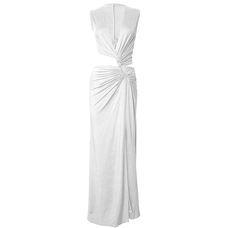 V neck sleeveless high slit ruched maxi dress