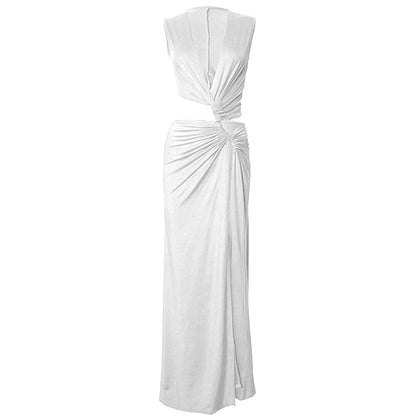 V neck sleeveless high slit ruched maxi dress