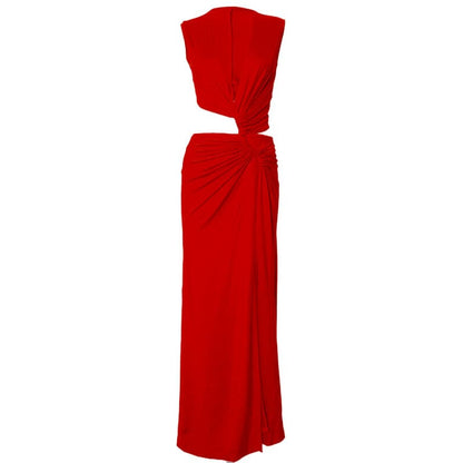 V neck sleeveless high slit ruched maxi dress