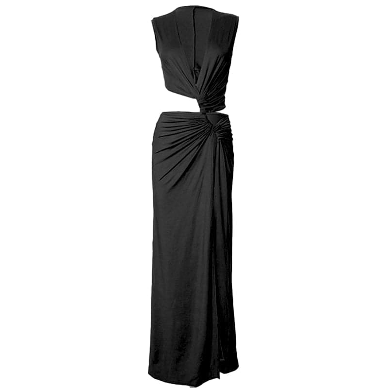 V neck sleeveless high slit ruched maxi dress