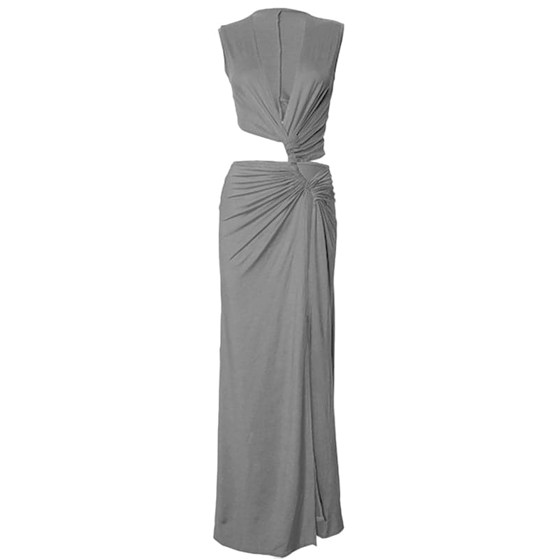 V neck sleeveless high slit ruched maxi dress