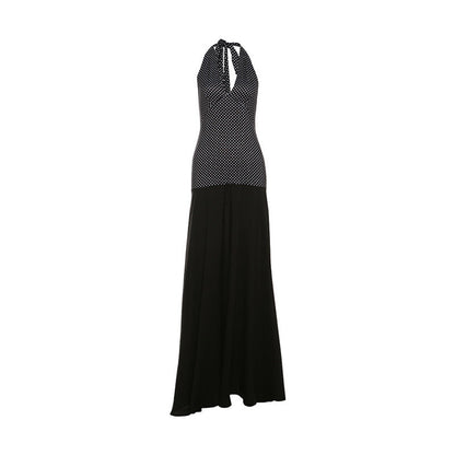 Personality Polka Dot Self Tie Halter V neck Backless Dress