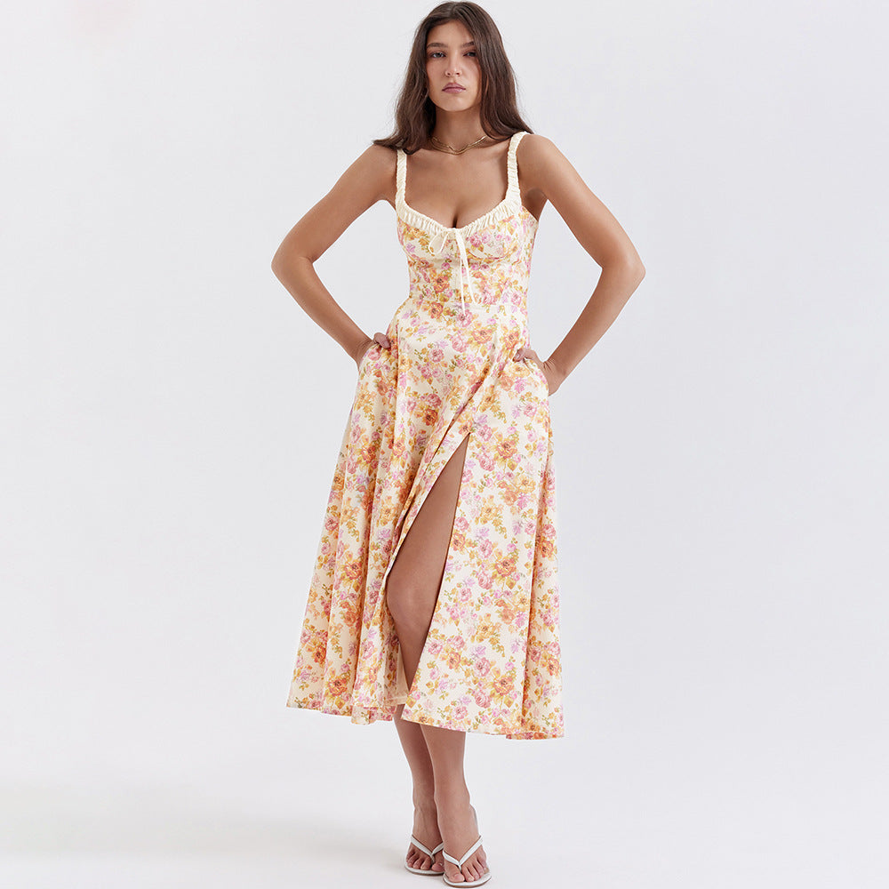Floral Print Sweetheart Ruffle Neck Tie Front Corset Bodice A-Line Midi Dress
