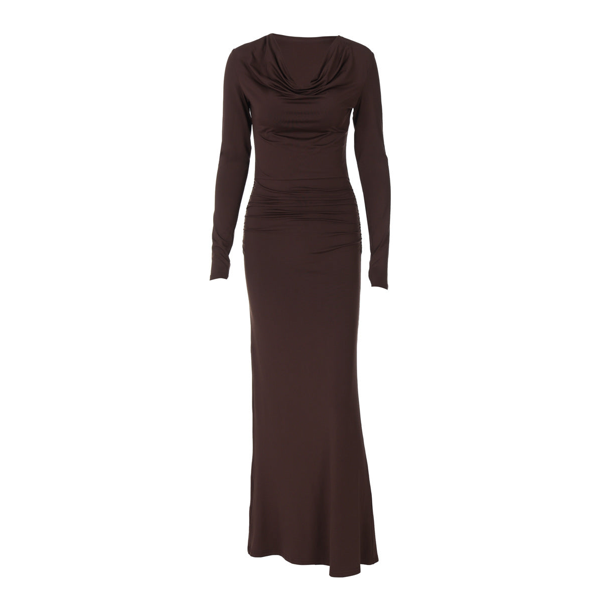 Cowl Neck Long Sleeve Ruched Waist Column Maxi Gown