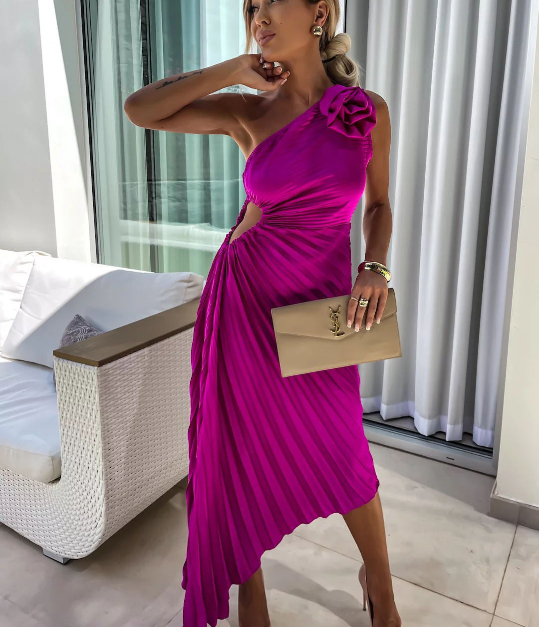 Romantic Nights Satin Raised Flower Elastic Cutout One Shoulder Pleated Maxi Dress