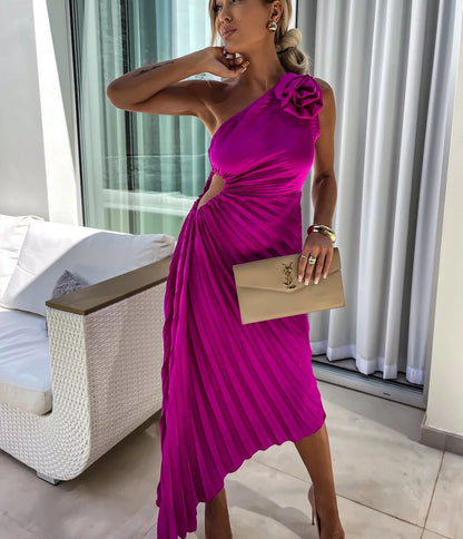 Romantic Nights Satin Raised Flower Elastic Cutout One Shoulder Pleated Maxi Dress
