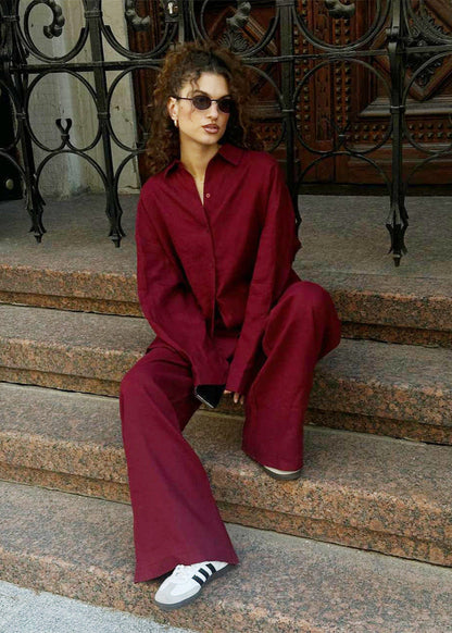 Merlot – Relaxed Cotton Shirt & Wide-Leg Pants Set