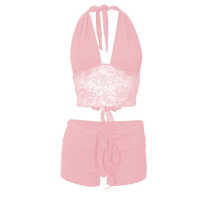 Halter lace hem drawstring ribbed crop pant set