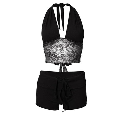 Halter lace hem drawstring ribbed crop pant set