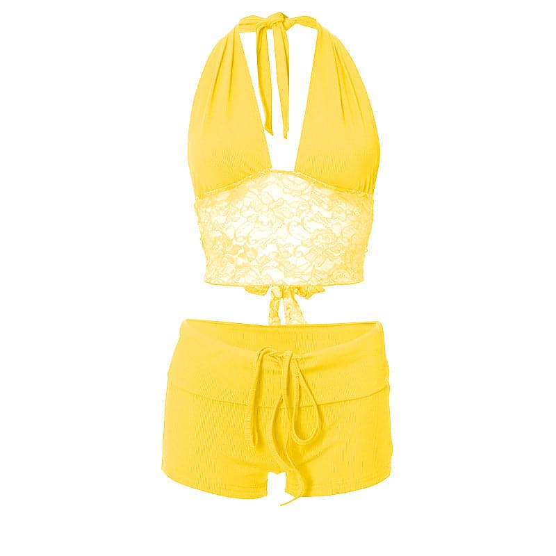 Halter lace hem drawstring ribbed crop pant set