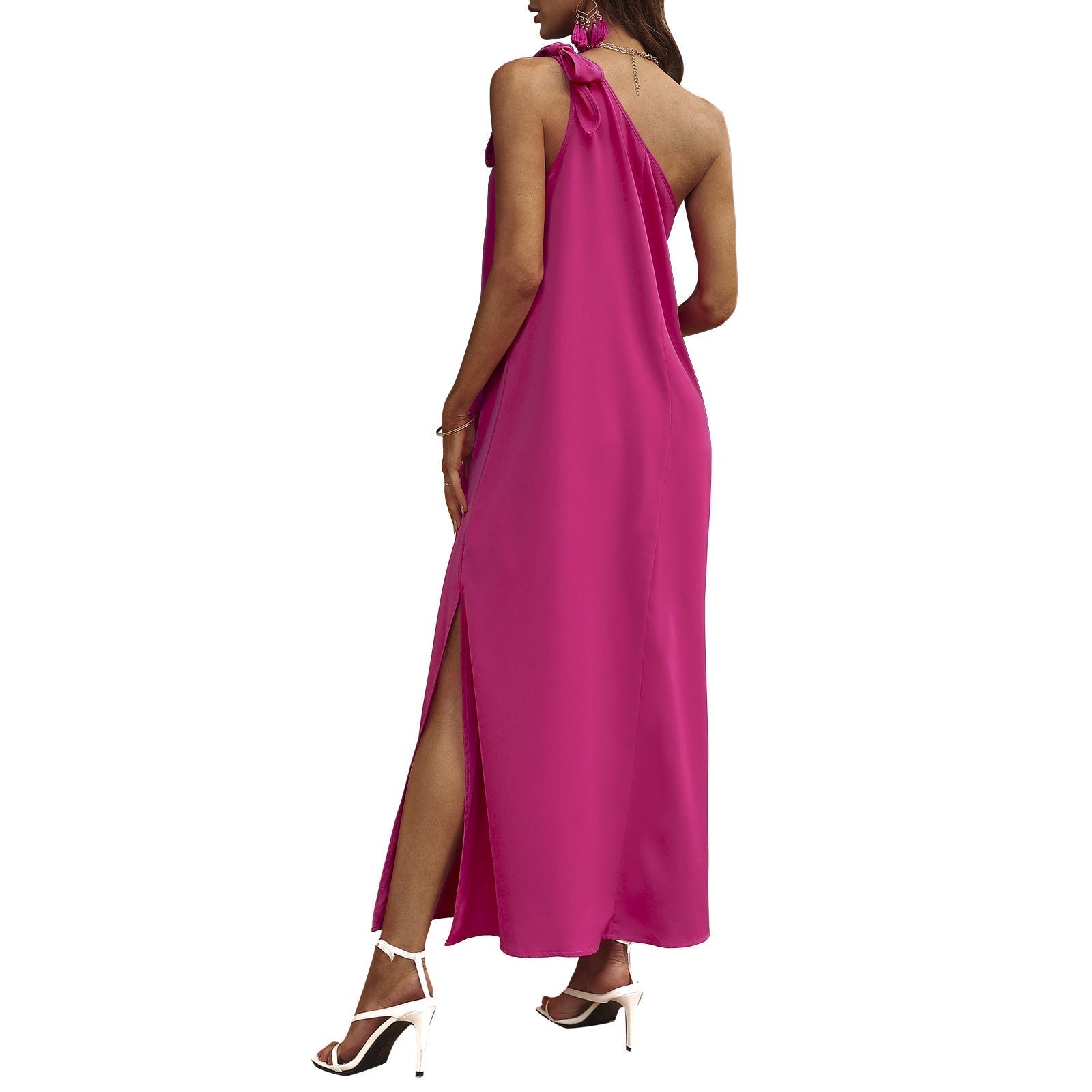 One Shoulder Bow Tie Side Slit Maxi Dress