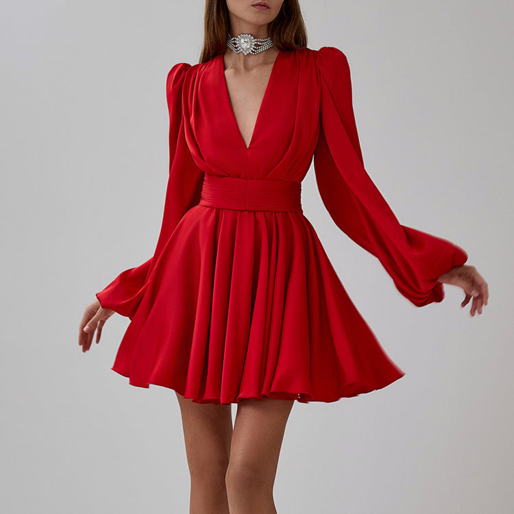 Deep V-Neck Puff Sleeve Ruched Waist Satin A-Line Mini Dress