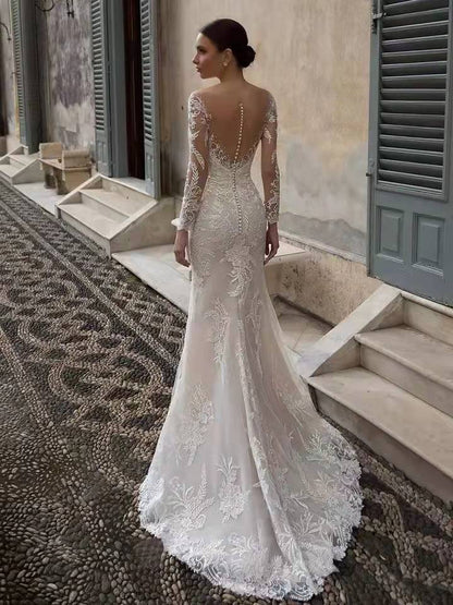 Deep V-Neck Long Sleeve Wedding Dress