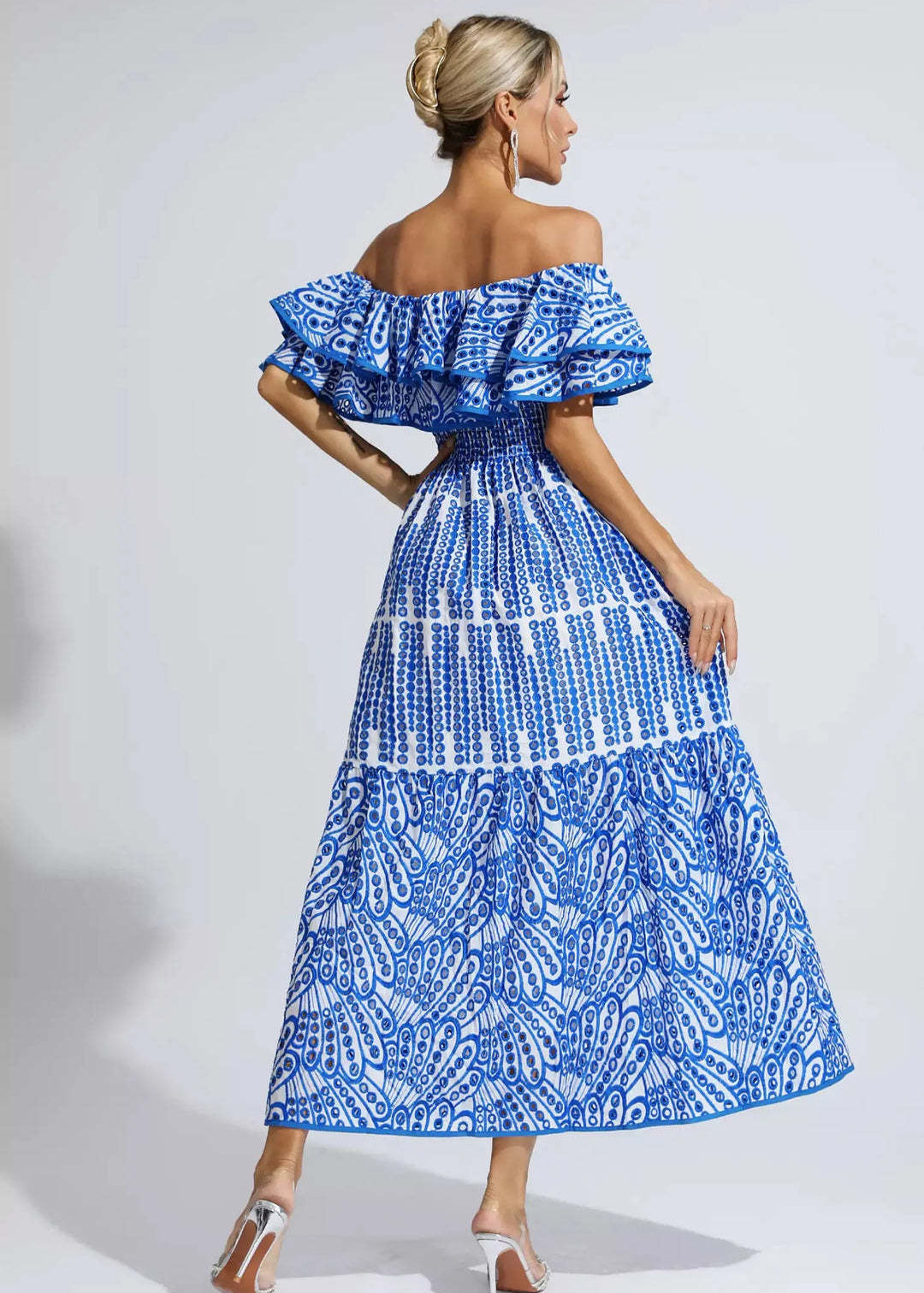 Marina Ruffle Off-Shoulder Dress – Blue EmbroideRed Boho Maxi
