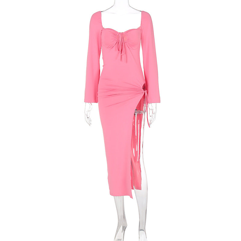 Sweetheart Keyhole Tie Long Sleeve Hip Cutout Slit Maxi Dress