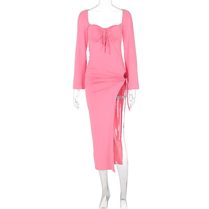 Sweetheart Keyhole Tie Long Sleeve Hip Cutout Slit Maxi Dress