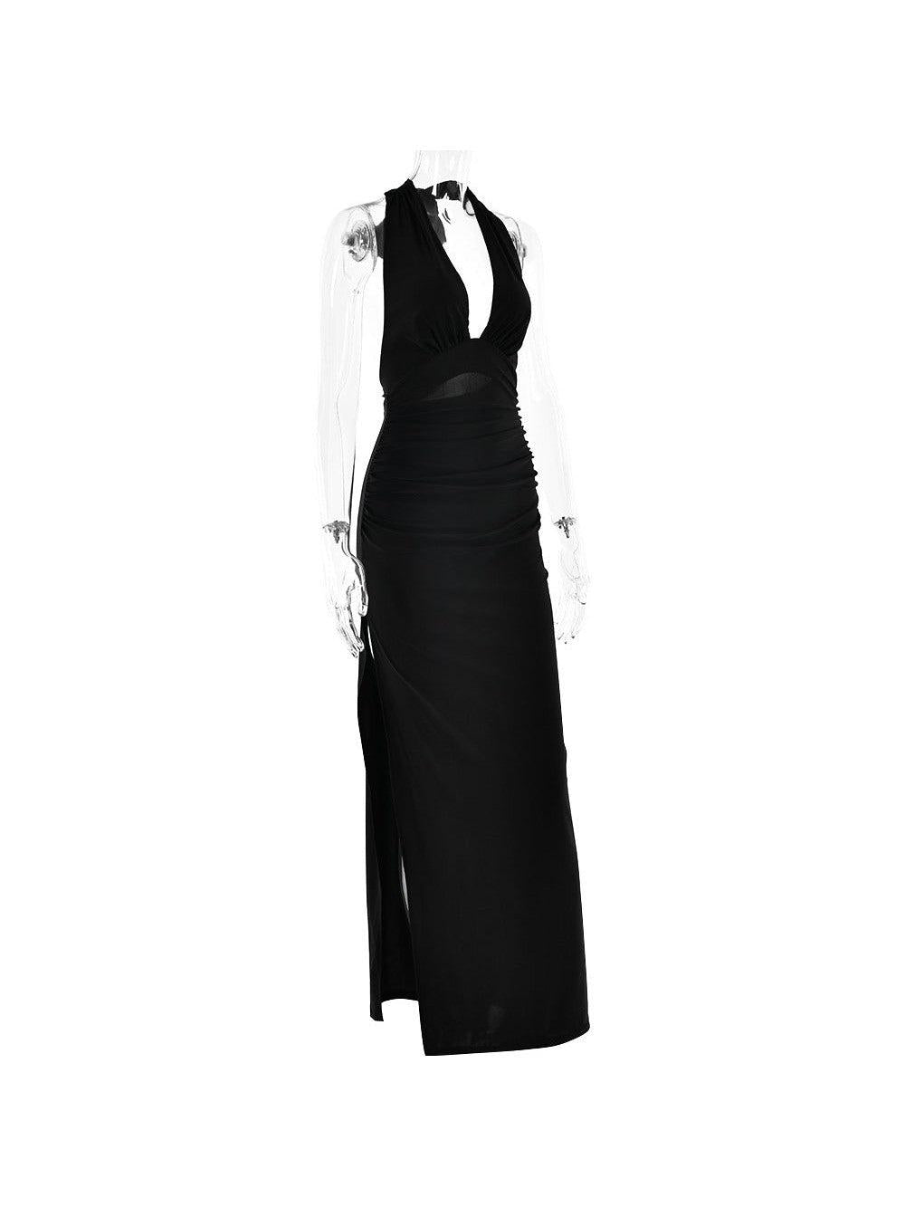 V Halter Neck Backless Split Dress