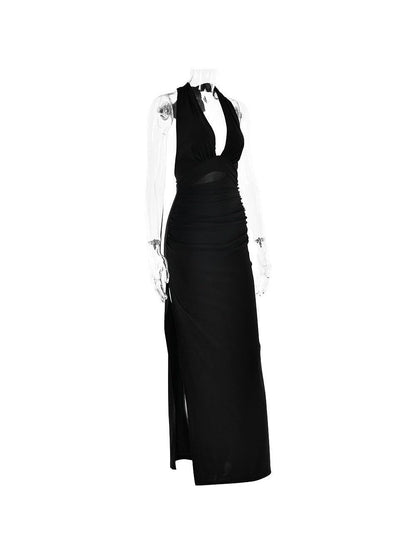 V Halter Neck Backless Split Dress