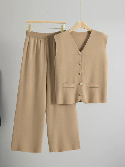 Khaki – Loose Cardigan Sleeveless Two-Piece Set