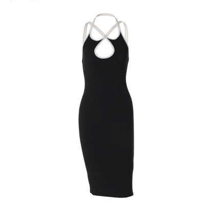 Cross front halter hollow out backless cut out midi dress