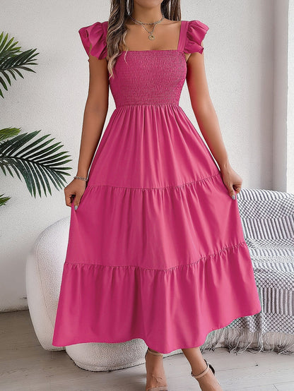 Square Neck Smocked Ruffle Cap Sleeve Tiered Midi Dress