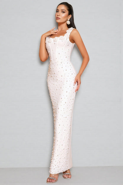 Maba White 3D Floral Maxi Dress
