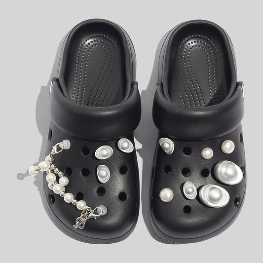 Women's Durable Black Clogs With Decorative Pearls And Beads