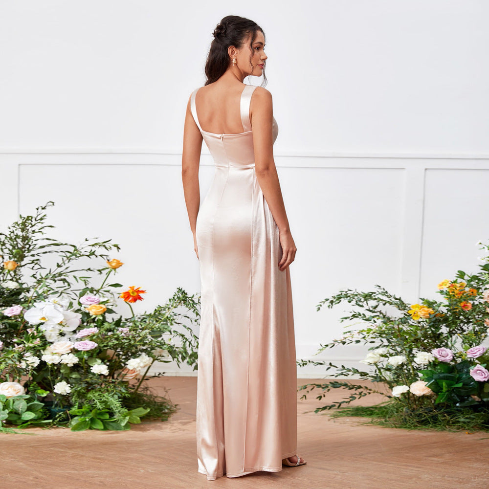Square Neck Vertical Cutout Ruched Satin High Slit Drape Panel Maxi Gown