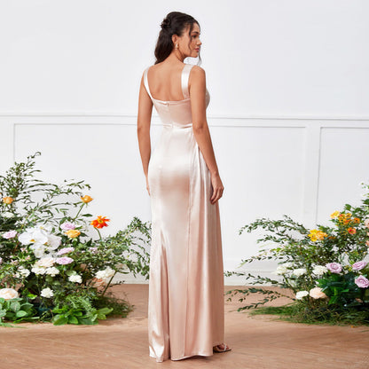 Square Neck Vertical Cutout Ruched Satin High Slit Drape Panel Maxi Gown