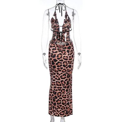 Leopard print hollow out self tie halter slit cut out maxi dress