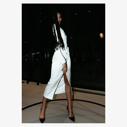 Rhinestone Button Deep V Waist Cutout Long Sleeve Front Slit Midi Dress