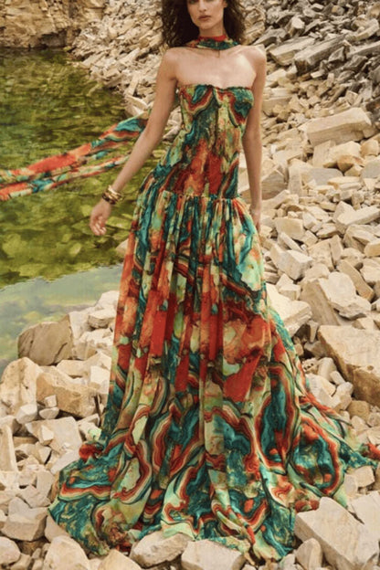 Vacay Vibes Colorful Lava Print Off Shoulder Smocked Scarf Maxi Dress