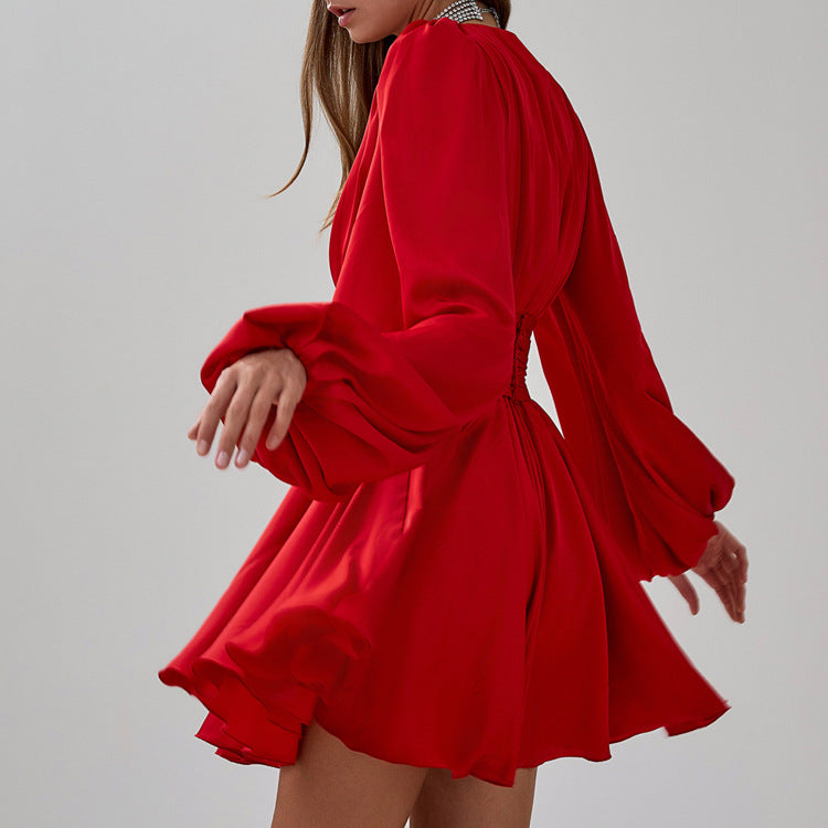 Deep V-Neck Puff Sleeve Ruched Waist Satin A-Line Mini Dress