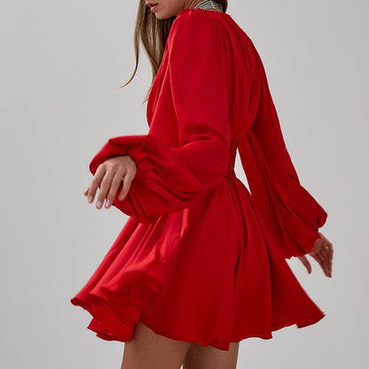 Deep V-Neck Puff Sleeve Ruched Waist Satin A-Line Mini Dress