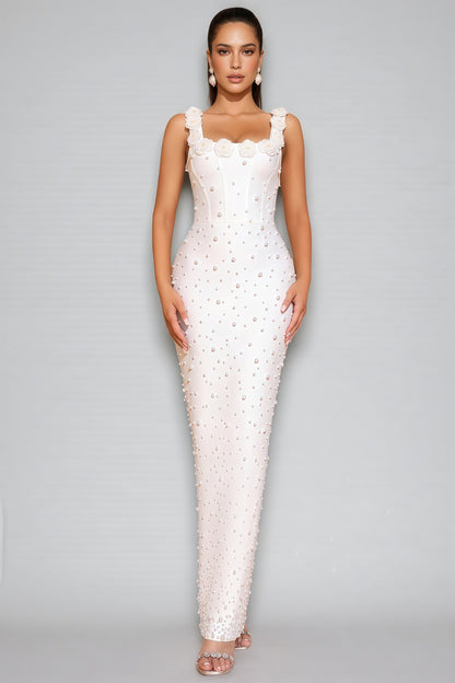 Maba White 3D Floral Maxi Dress