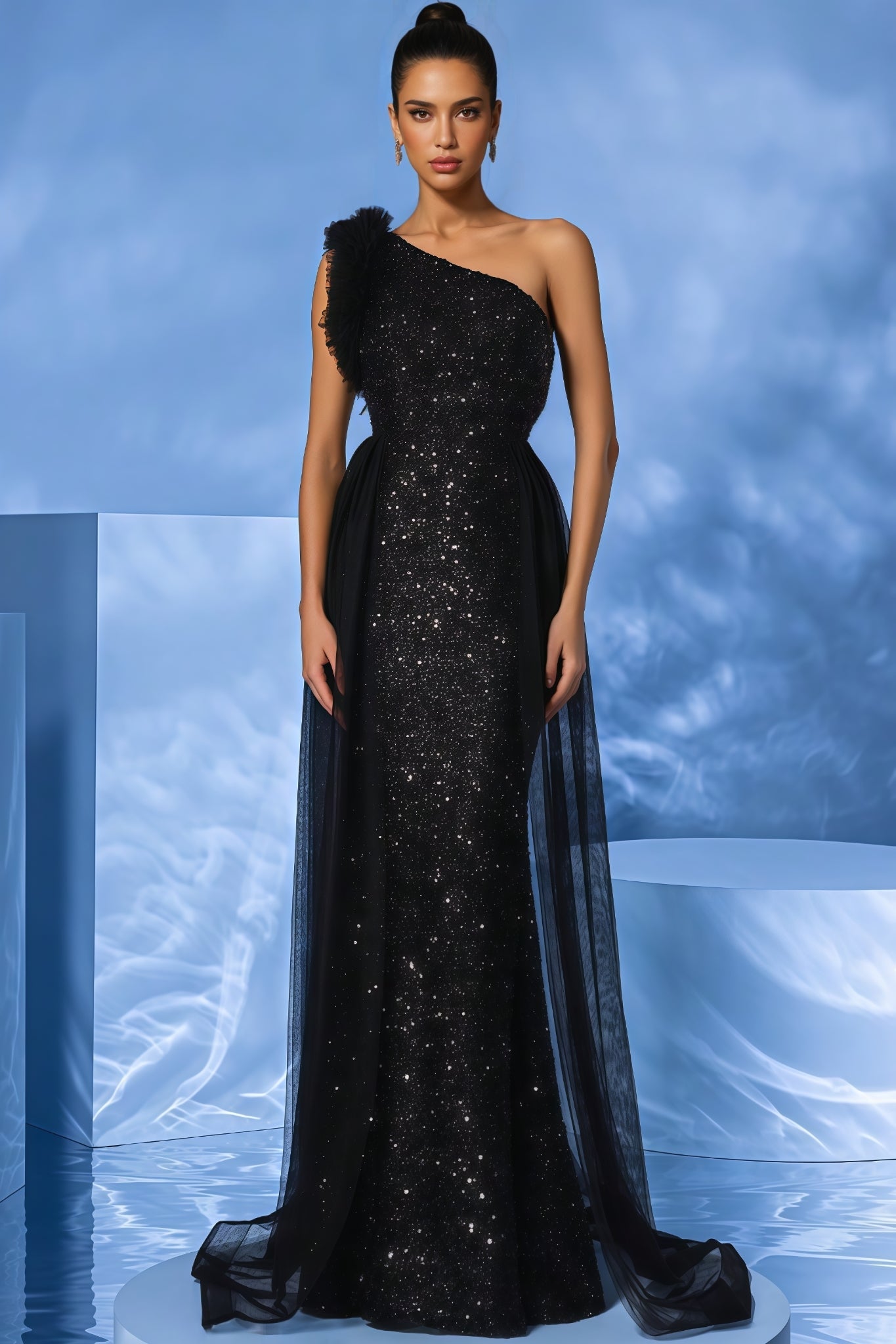 Simona Black Sequined Mesh Maxi Dress