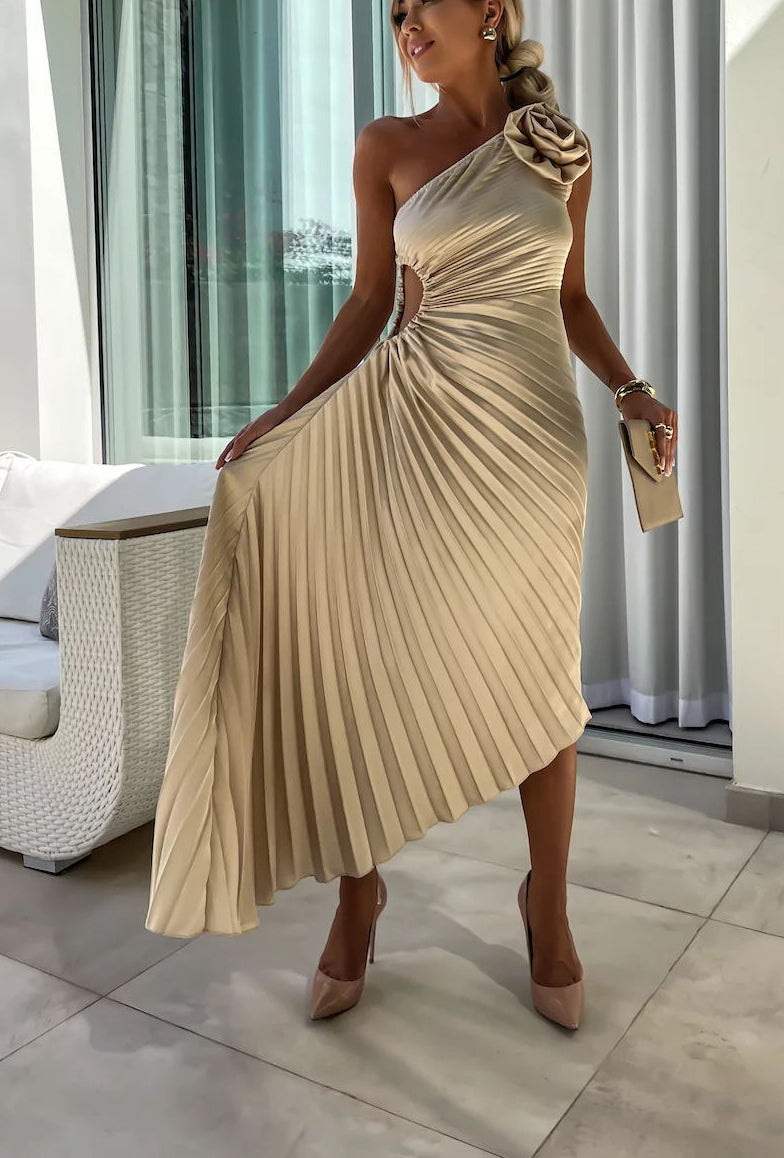 Romantic Nights Satin Raised Flower Elastic Cutout One Shoulder Pleated Maxi Dress