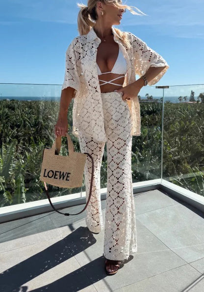 Holiday Crochet Flowers Lace Short Sleeve Shirt and Elastic Waist Wide Leg Pants Set