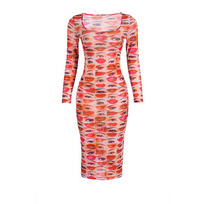 Long sleeve abstract u neck sheer mesh contrast midi dress