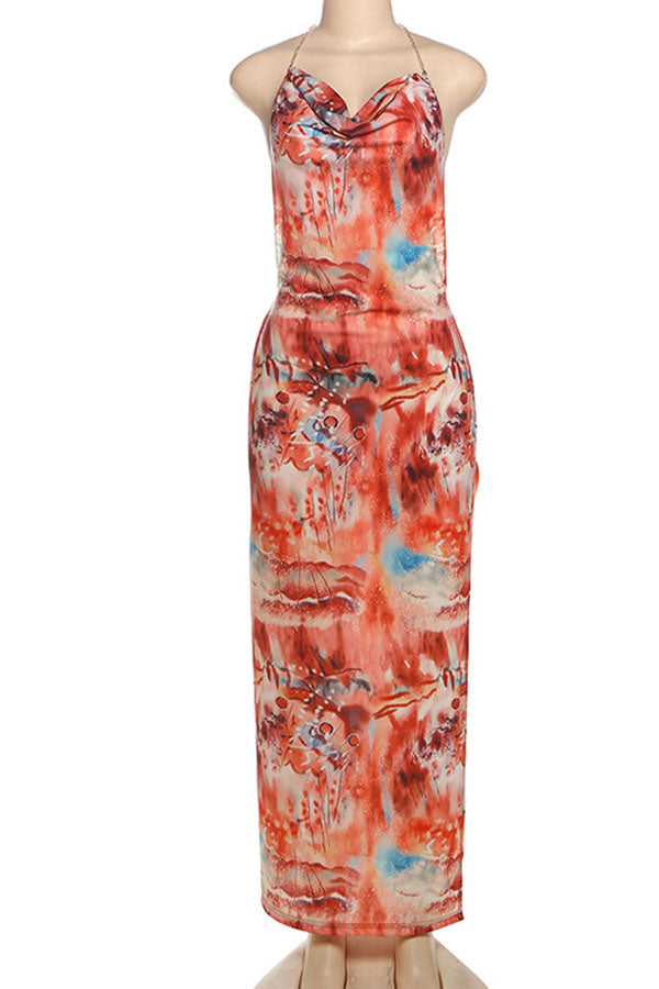 Floral Print Sexy Backless Slit See-Through Holiday Maxi Dress