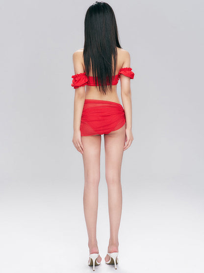 Red Off-Shoulder Ruffle Bikini Set with Sheer Sarong