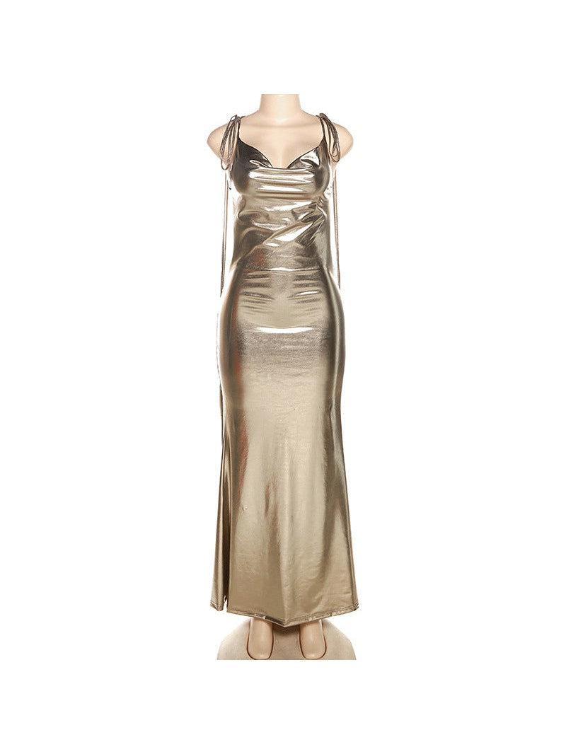 Metallic Coated Deep Neck Backless Evening Dress