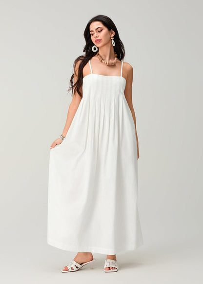 Linen Essence - White Pleated Maxi Sundress